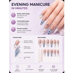 Blue‑Plaid Floral Bow Rhinestone Press‑On Nails, Gentle French Long Stiletto False Nails